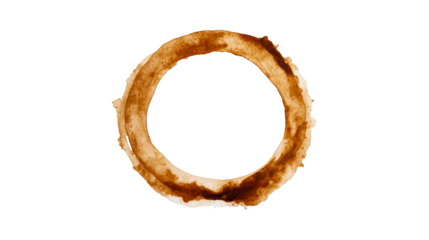 Brown circle coffee stain, circular mark on black background, cut out transparent