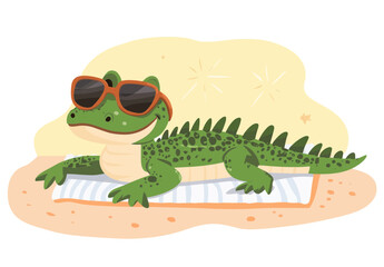 Naklejka premium Crocodile sunbathing on the beach, vector