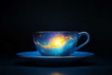 Decorative teacup or coffee cup with galaxy design, cosmic starscape pattern on fantasy porcelain drinkware
