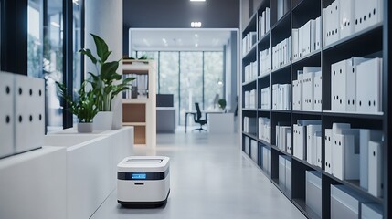 Smart robotic filing system automatically organizing and retrieving documents in a bright, modern office 