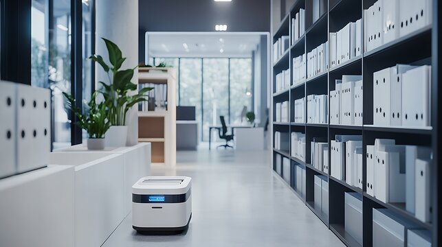 Smart robotic filing system automatically organizing and retrieving documents in a bright, modern office 