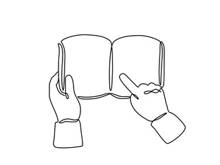 Minimalist continuous one line drawing of hands holding an open book, with one finger pointing at the book. This vector illustration represents reading, learning, and focus., Editable stroke