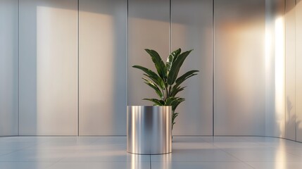 53. A tall, sleek podium with a metallic finish, set in an open space designed for product showcasing with plenty of room around it
