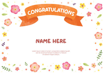 Kids children certificate background with cute ribbon banner and beautiful floral flower frame border for study award participation graduation event print template layout design