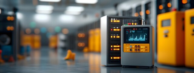 A complex network of server racks data cables and advanced control panels in a neon lit cyberpunk inspired industrial warehouse setting