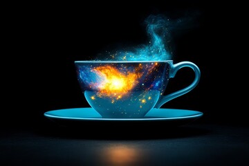 Decorative teacup or coffee cup with galaxy design, cosmic starscape pattern on fantasy porcelain drinkware
