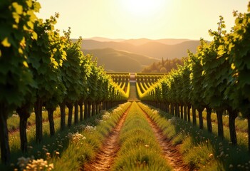 Fototapeta premium rustic vineyard rows stacked wine barrels underneath warm sunlight idyllic countryside, grape, farm, landscape, harvest, agriculture, field, organic, cask