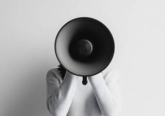 A young woman holds a megaphone to her face, obscuring her features.  The image is monochromatic, creating a stark contrast and emphasizing the message.