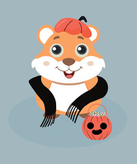 Flat Design Illustration with Hamster Wearing Pumpkin Hat,Scarf,Bag