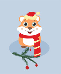 Flat Design Hamster Illustration Wearing with Scarf ,Santa Hat