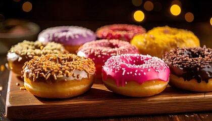 Gourmet Donuts with Sprinkles and Glazes on Wooden Board