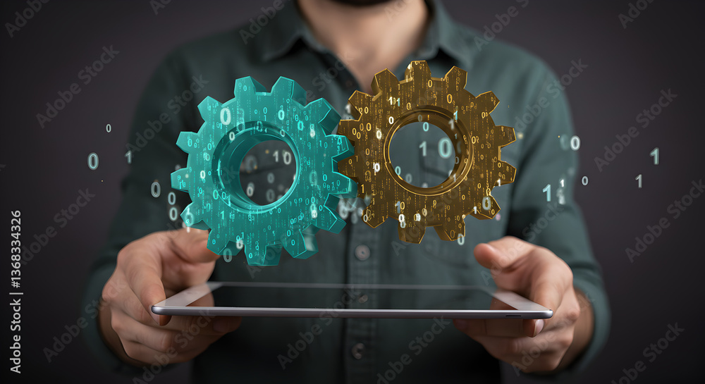 Poster man holding tablet with floating teal and gold gears connected by digital data streams