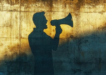 Shadow of a man shouting into a megaphone against a textured wall. The warm lighting creates a dramatic, impactful image.
