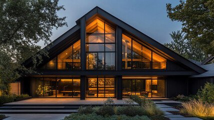 Fototapeta premium Modern frame house with black steel exterior and large windows