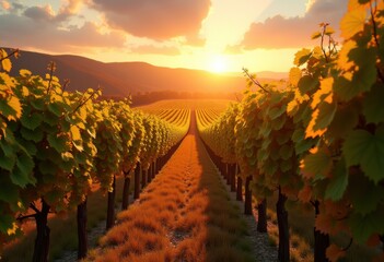 Fototapeta premium vineyards sunset lush grape clusters scenic view autumn vineyard landscape, nature, scenery, wine, field, plant, harvest, plantation, grapes, sky, cloud