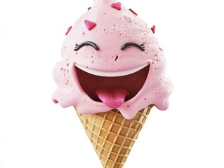 Happy Strawberry Ice Cream Cone Cartoon Character 3D Render Illustration