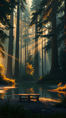 misty sunrise at the pond in the forest with the sun rays peeking trough the tall trees.