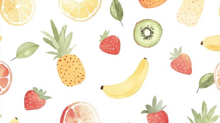 Naklejka premium Colorful Watercolor Pattern of Fresh Fruits on White Background