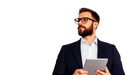 Man in suit with tablet looking away, cut out transparent