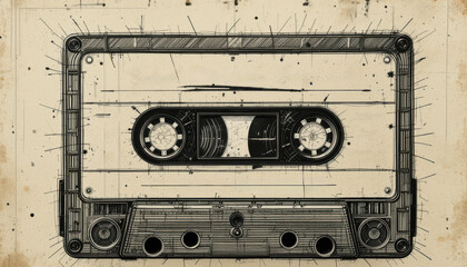 Naklejka premium Vintage cassette tape hand drawn.