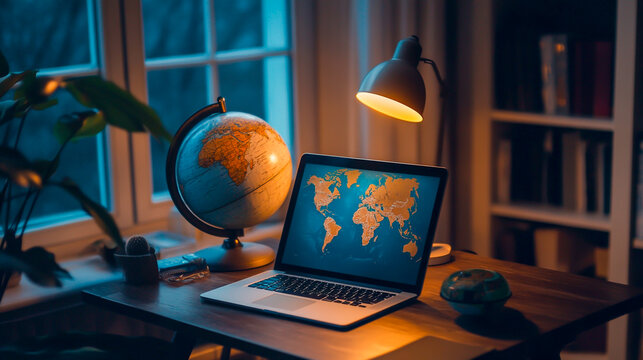 A laptop placed on a desk with a globe, illustrating a remote working setup and global connectivity
