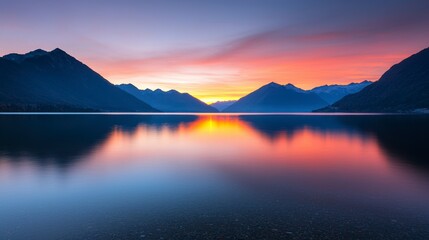 Serene Sunrise Over Mountain Lake with Reflective Water Surface