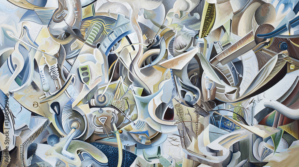 Poster abstract cubist painting depicting a mechanical world with a rich array of objects layered in comple