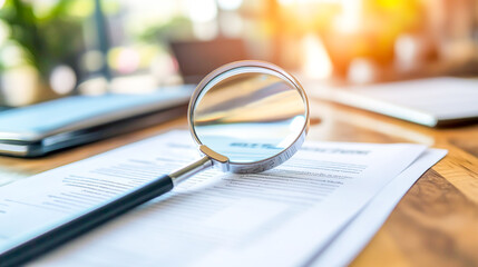 A magnifying glass icon hovering over a resume displayed on a professional website, highlighting key details