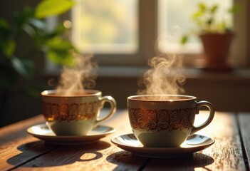 cozy pair steaming coffee cups resting rustic wood table warm aroma morning vibe comfort beverage serenity, drink, hot, caffeine, silhouette, espresso