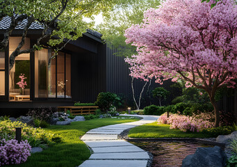 A beautiful garden with a black house and a pink tree