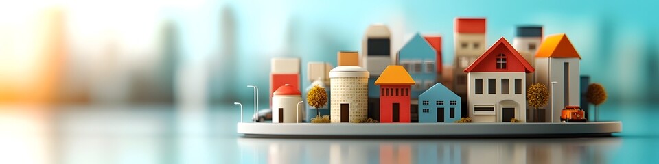 A display of a stylized miniature model showcasing the diverse architecture and colorful design of an imagined urban