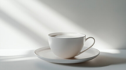 A white teacup and saucer sitting on a white surface with light shining on the background wall