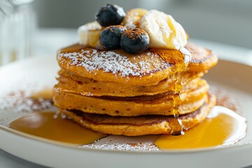 Stack of pancakes with berries and syrup on plate. Artificial intelligence image