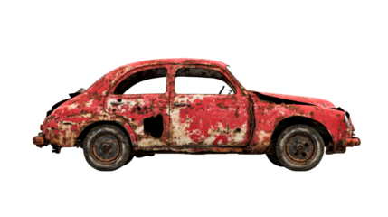 Wrecked vintage car, decayed and rusty vehicle, abandoned transport, cut out transparent