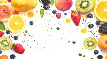Fresh Fruits and Colorful Berries with Splashing Juice on White