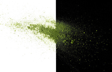 Matcha green powder scattered, tea isolated on black and white background, top view  © dule964