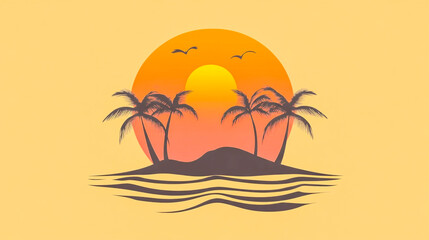 A minimalist icon of a tropical island featuring palm trees, ocean waves, and a sunset, perfect for travel, vacation, and beach-themed designs