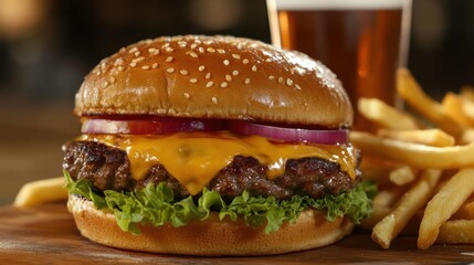 Cheeseburger, fries, and beer on a wooden board