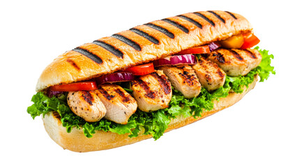 Grilled chicken breast sandwich with fresh vegetables, cut out transparent