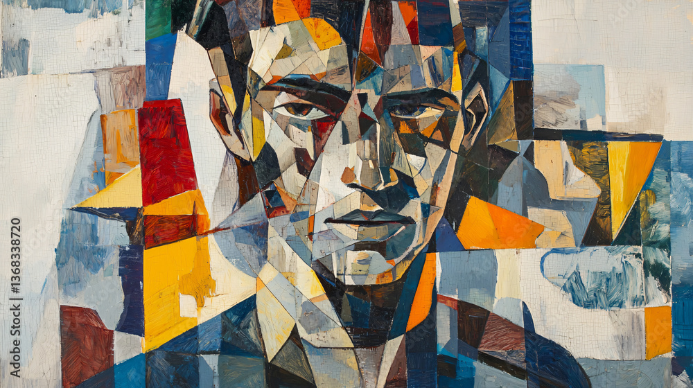 Poster Cubist-inspired abstract composition of a man's face created from multiple pieces of paper showcasing unique geometric patterns and textures.
