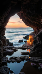 view of the ocean with peaceful candles in a sea cave at sunset. soothing and meditative image background.