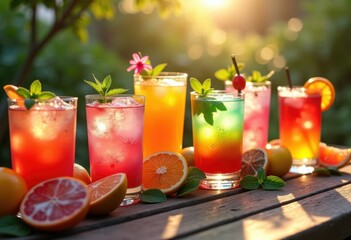 Fototapeta premium stylish display vibrant summer cocktails outdoor table featuring colorful garnishes sunlit reflections, arrangement, beverage, balance, barware, bubbly