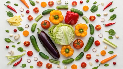 Colorful arrangement of fresh vegetables on a white background.