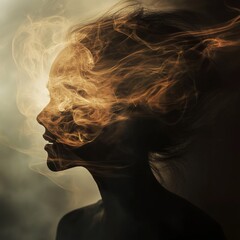 An ethereal profile of a woman blends smoke and shadow into an abstract representation of emotion and identity.