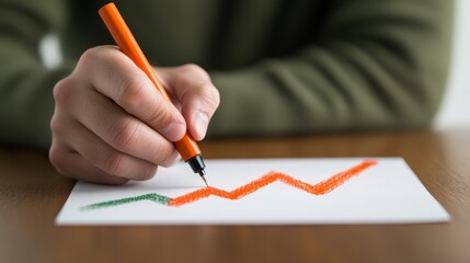 Creating a rising trend line with colored markers on paper while illustrating market growth concept