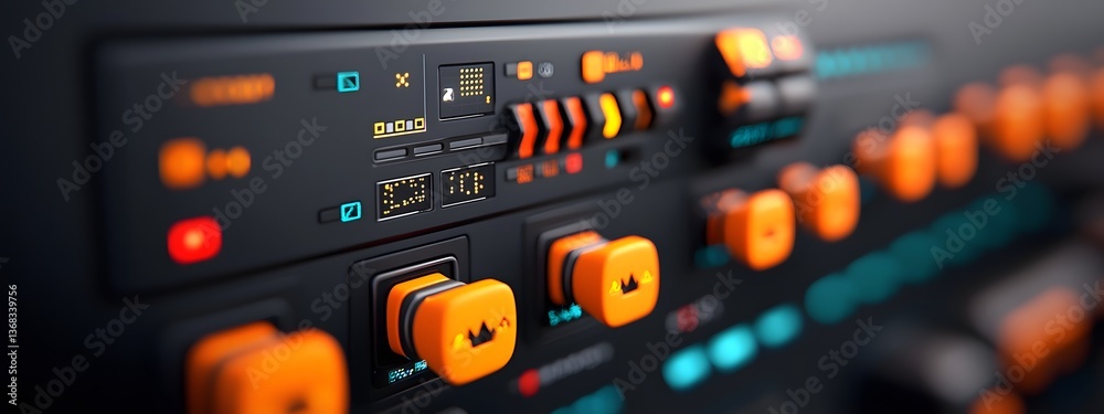 Poster a highly detailed and complex control panel featuring an array of switches knobs lights and digital 