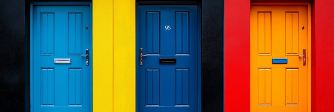Three vibrant, colorful doors create an eye-catching contrast against the dark and bright backgrounds.