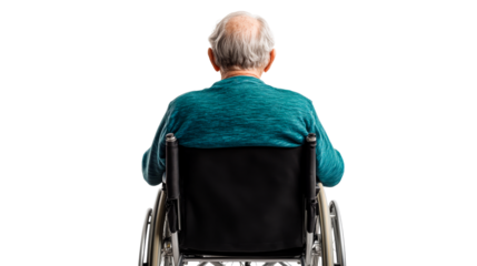 Senior man sitting in wheelchair, back view, healthcare, isolated, cut out transparent