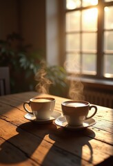 two steaming coffee cups rustic wooden table warm cozy atmosphere morning beverage comfort relaxation, mug, brew, drinks, aroma, warmth, caffeine, sips, creamy