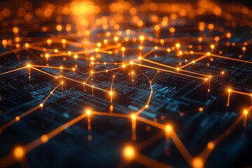 Digital chart representing the network of artificial intelligence systems, with glowing nodes and connecting lines symbolizing the complexity and interconnectivity of AI in a digital world